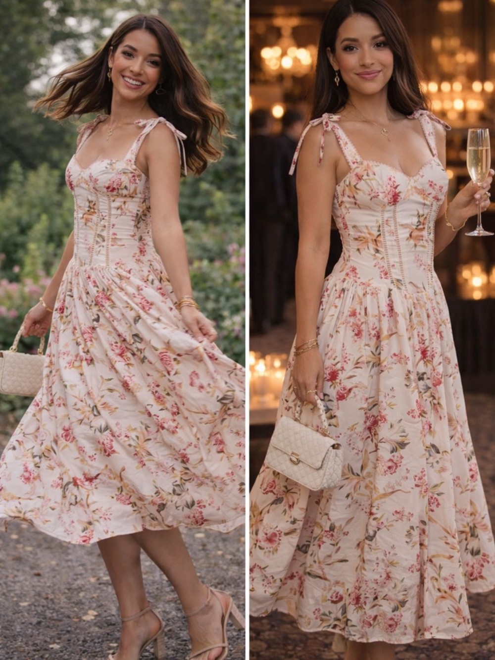 H&M Floral Midi Dress in White with Pink and Green Accents
